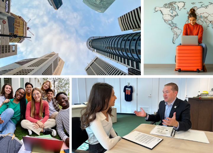 collage of exchange, internship and career images